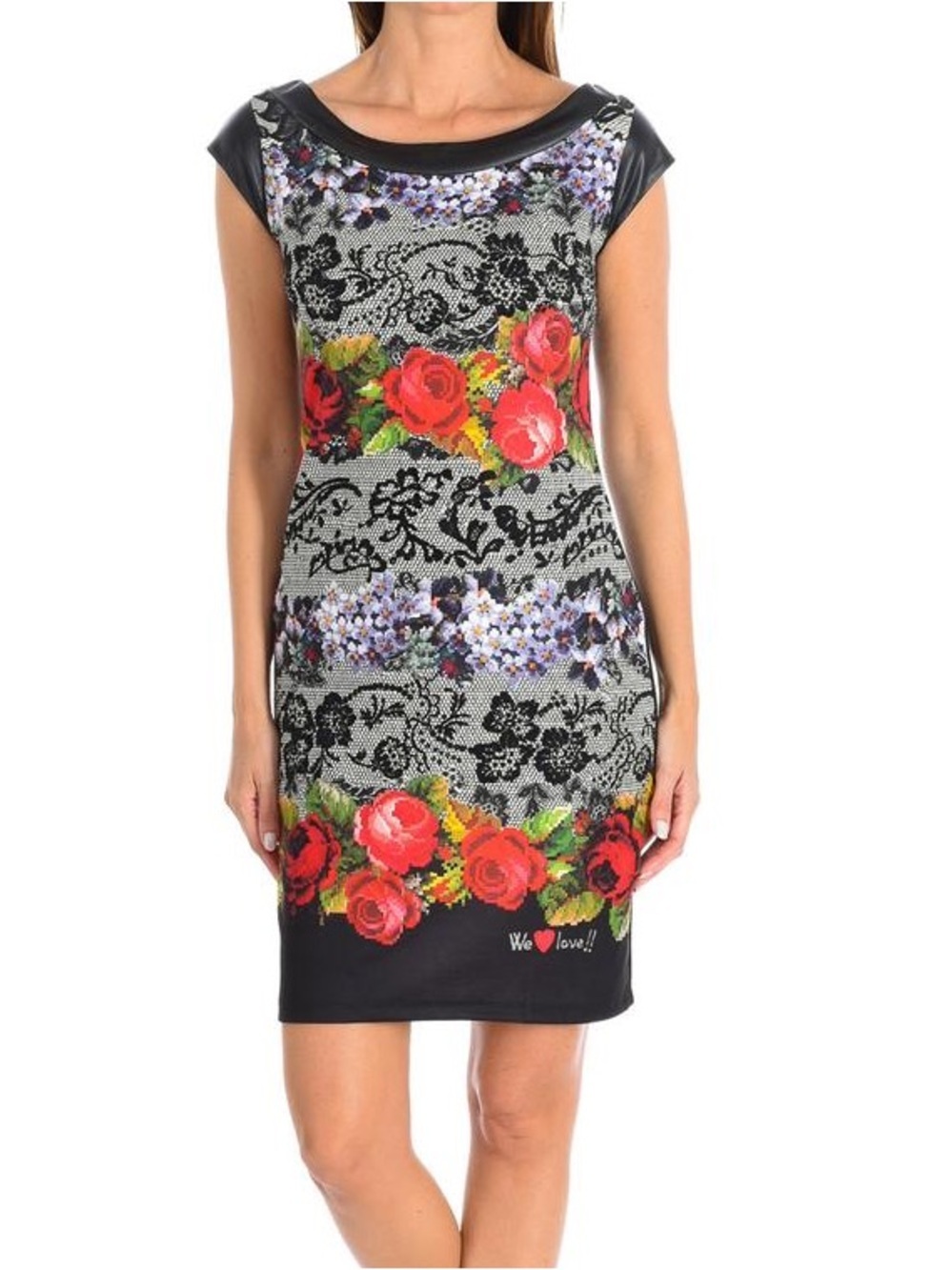 Desigual Black Mini Dress with Red Rose and Purple Floral Accents